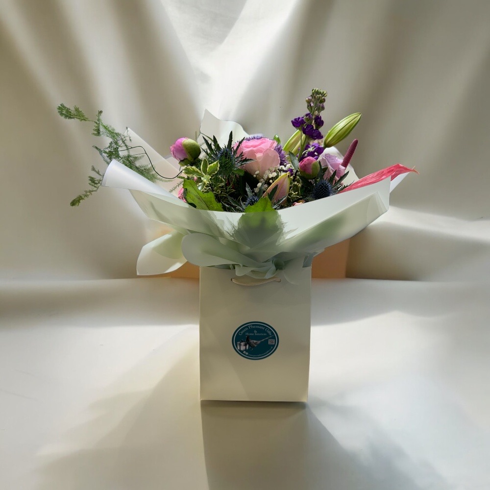 Hand Tied Bouquet in Gift Bag £45 – Pinks Hand tied bouquet pinks .jpeg