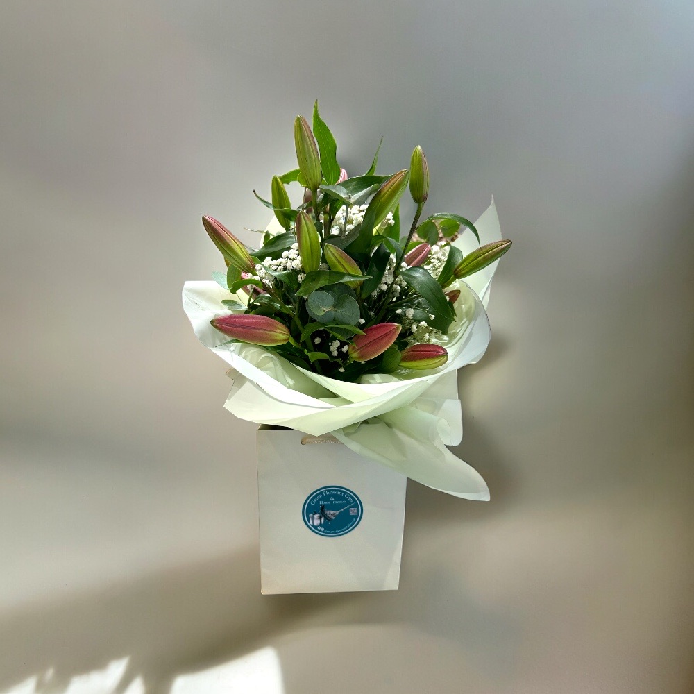 Luxe Lily & Foliage Bouquet in Gift Bag £45 – Pinks Pink lily bouquet .jpeg