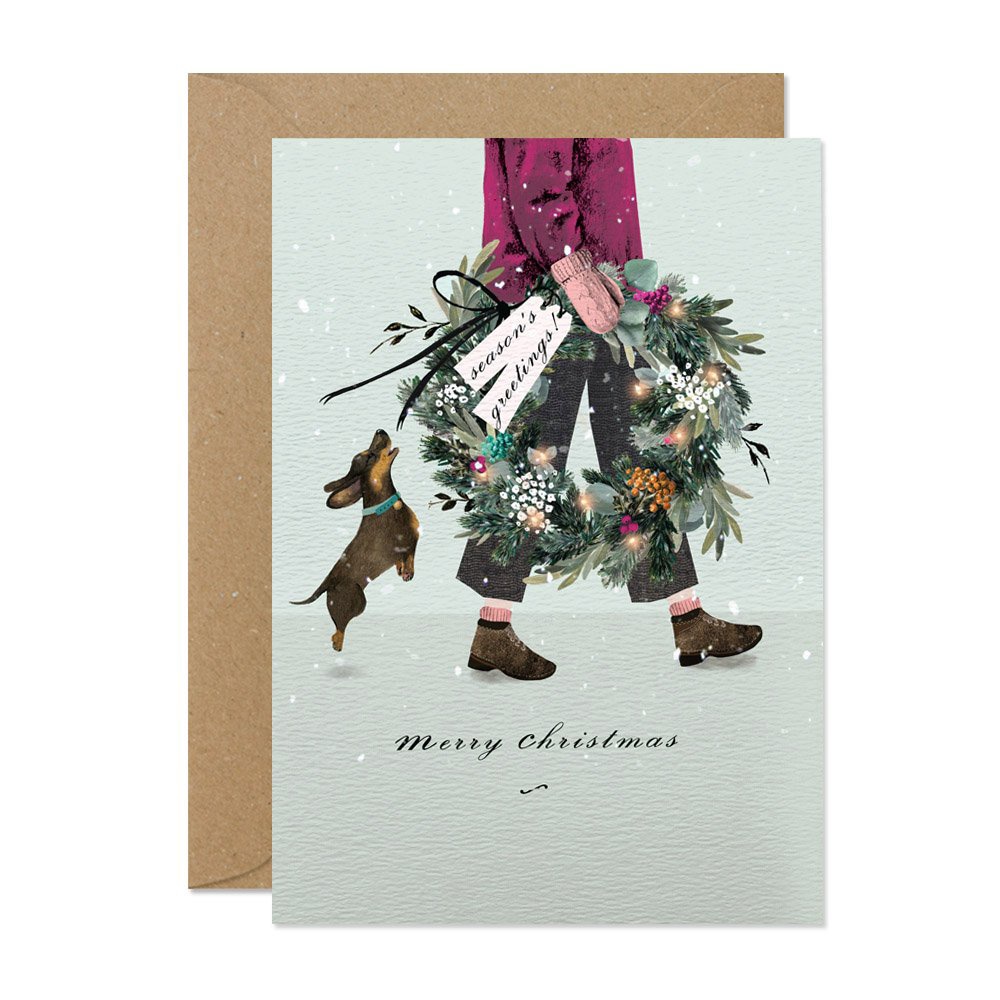 Christmas Wreath Sausage Dog Christmas Card Christmas Wreath Sausage Dog Christmas Card