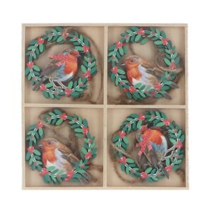 Wooden Decoration, Robin in Wreath box of 8